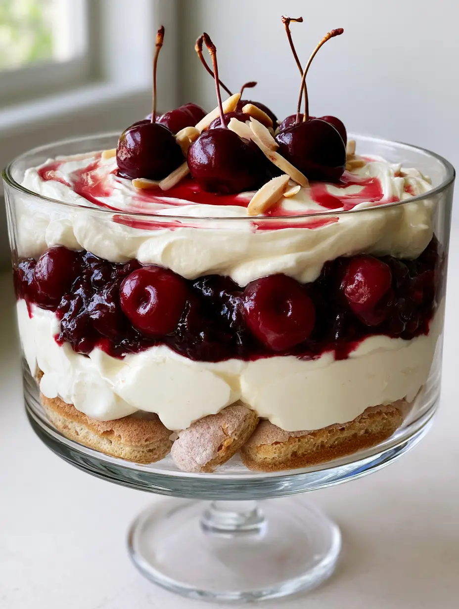 Close-up handheld photo of Cherry Amaretto Tiramisu in a clear glass dish, showing the glossy cherry compote and velvety mascarpone layers. (Cherry Amaretto Tiramisu)
