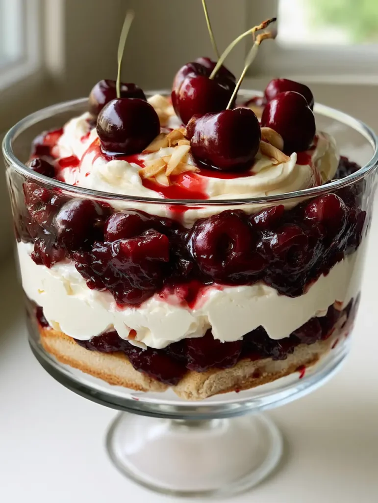 Top view of Cherry Amaretto Tiramisu showing the smooth mascarpone top, red cherry syrup drizzle, fresh cherries with stems, and toasted slivered almonds.