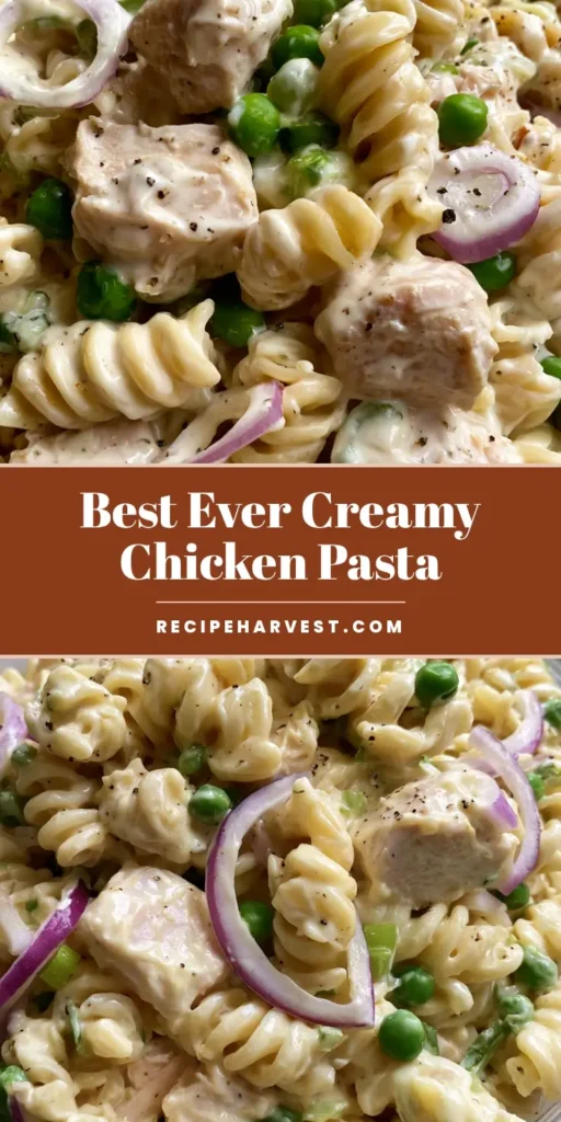 Creamy Chicken Pasta Salad with Vibrant Peas and Red Onion 3 A close-up vertical shot of Creamy Chicken Pasta Salad in a glass bowl, showing rotini, peas, and red onion coated in a glossy dressing.