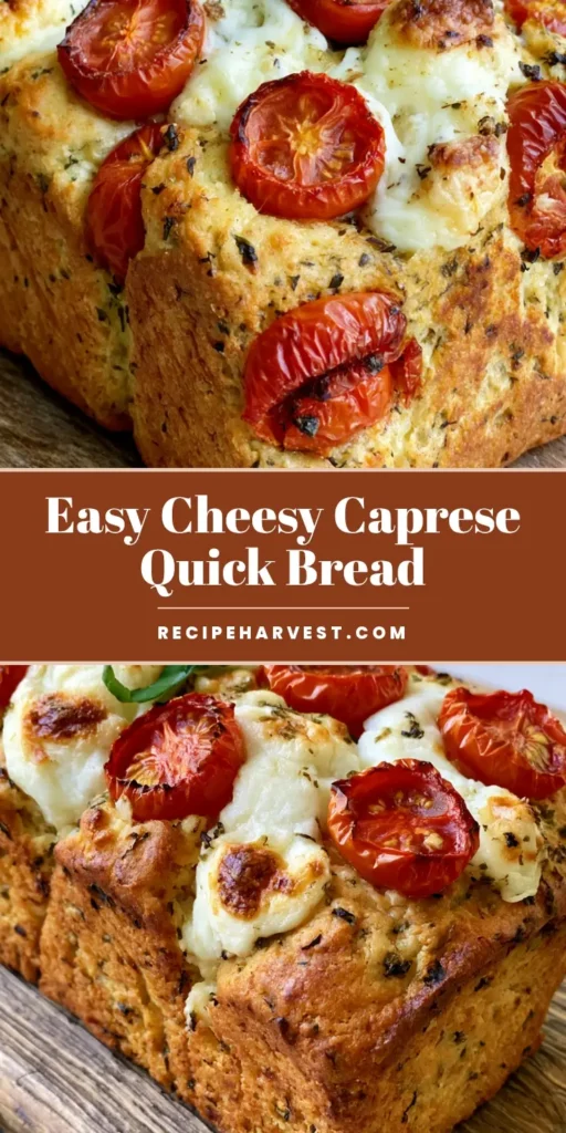 Caprese Quick Bread: The Ultimate Savory Tomato and Mozzarella Loaf 3 A vertical shot of a Caprese Quick Bread loaf on a rustic wooden board, showing blistered tomatoes and melted mozzarella.