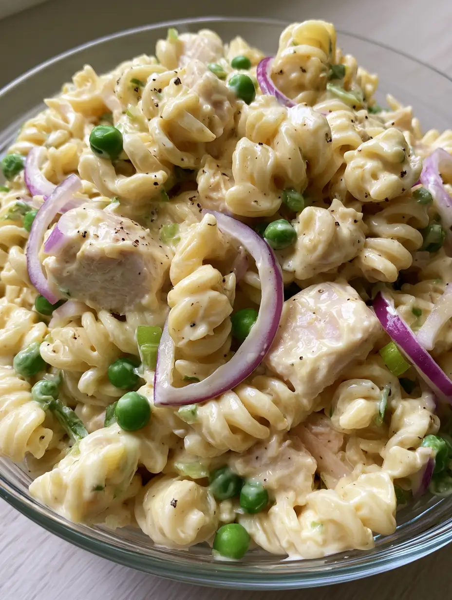 Creamy Chicken Pasta Salad with Vibrant Peas and Red Onion 4 Smartphone photo of a glass bowl filled with Creamy Chicken Pasta Salad on a wooden table in natural light.