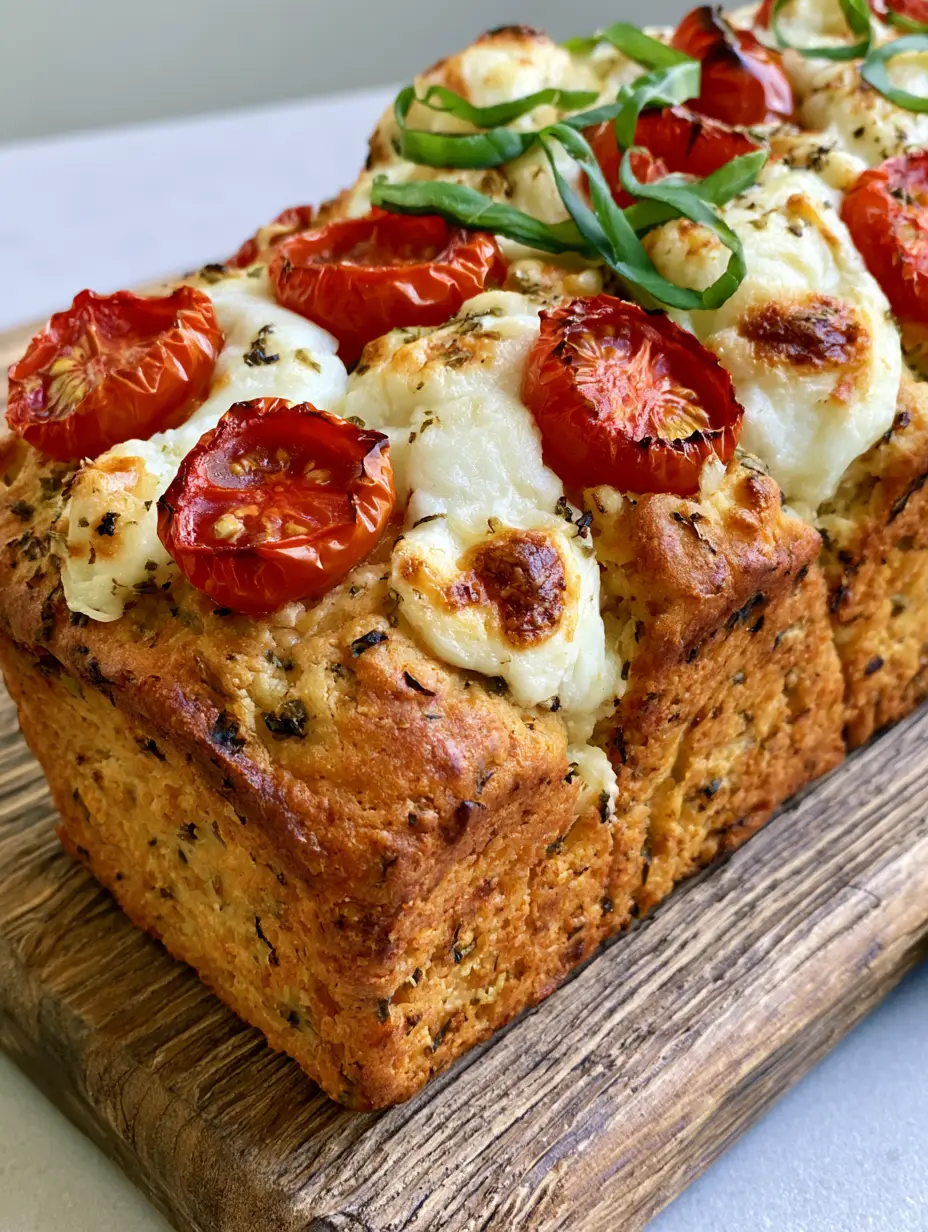 Caprese Quick Bread: The Ultimate Savory Tomato and Mozzarella Loaf 4 Close-up of the golden-tan savory crust of a Caprese Quick Bread with pools of melted mozzarella.