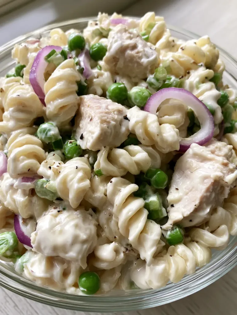 Creamy Chicken Pasta Salad with Vibrant Peas and Red Onion 1 Overhead view of Creamy Chicken Pasta Salad highlighting the glossy ivory dressing and thin half-moon red onion slices.