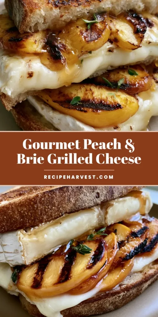 Peach and Brie Grilled Cheese with Honey and Thyme 3 A handheld gourmet Peach and Brie Grilled Cheese sandwich with melted cheese and caramelized peaches on sourdough bread.
