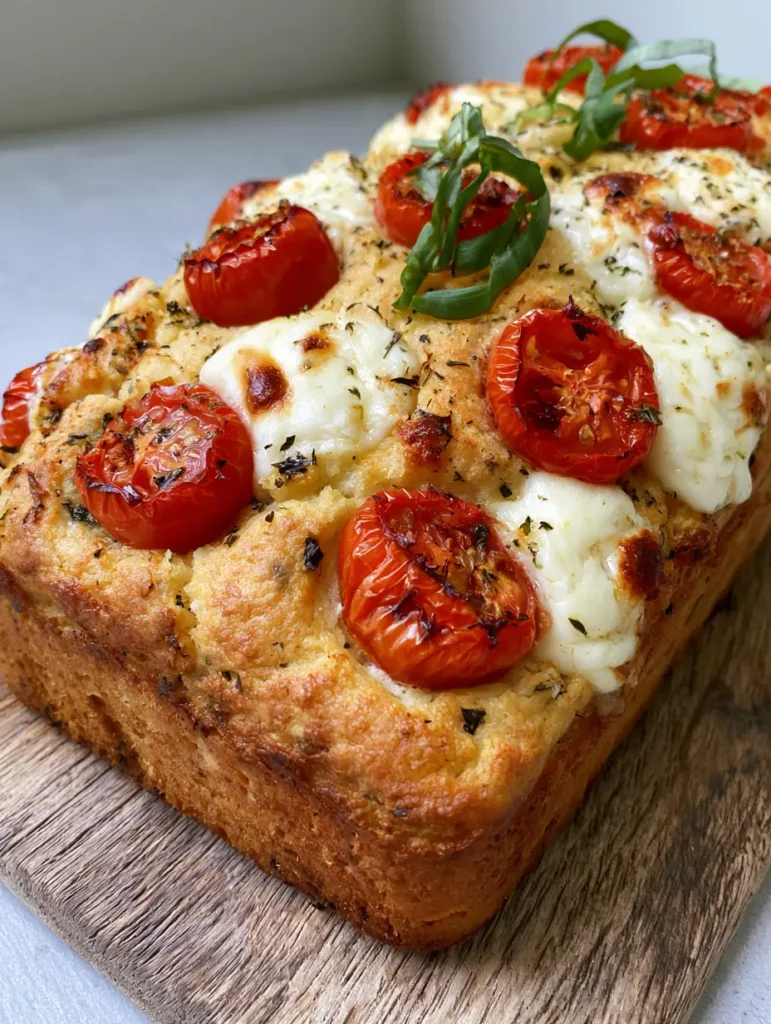 Caprese Quick Bread: The Ultimate Savory Tomato and Mozzarella Loaf 1 A sliced loaf of Caprese Quick Bread on a wooden board featuring blistered red cherry tomatoes.