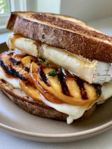 Close up of a Peach and Brie Grilled Cheese sliced diagonally showing the gooey white Brie and grilled peach slices.