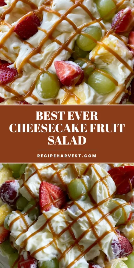 A large glass bowl of Cheesecake Fruit Salad with red strawberries, green grapes, and pineapple chunks in a thick white dressing, topped with a caramel zigzag drizzle.