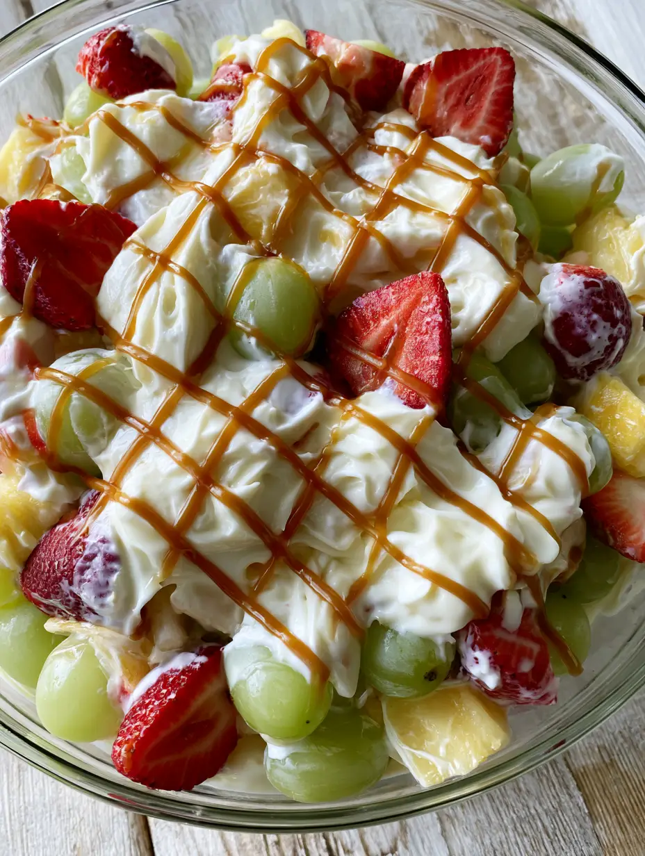 Top-down shot of a glass bowl filled with Cheesecake Fruit Salad featuring strawberries, grapes, and pineapple on a rustic wood table.