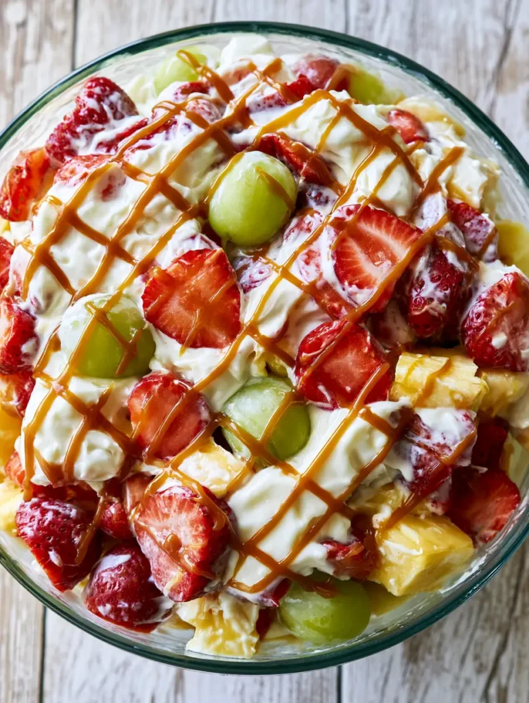 Close-up of the caramel drizzle zigzag on top of the creamy Cheesecake Fruit Salad.