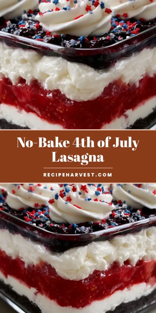 4th of July Dessert Lasagna: The Ultimate Red, White, and Blue No-Bake Treat 4 A stunning side-view of a 4th of July Dessert Lasagna in a glass dish showing layers of chocolate crust, white cream, red strawberry, and blue blueberry filling with piped swirls and star sprinkles.