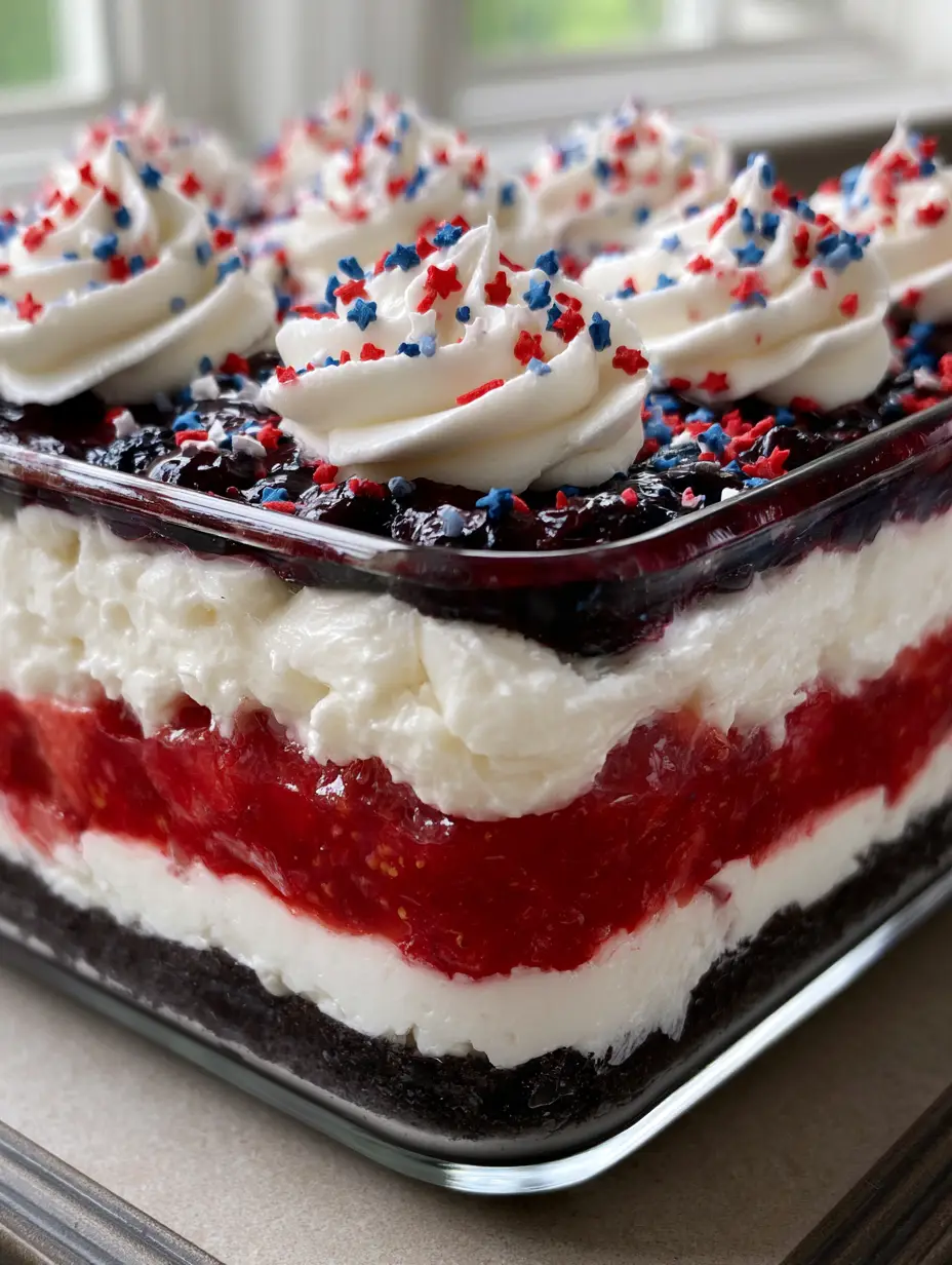 4th of July Dessert Lasagna: The Ultimate Red, White, and Blue No-Bake Treat 3 A close-up side-view cross-section of a 4th of July Dessert Lasagna showing the compressed chocolate cookie base and vibrant fruit layers.