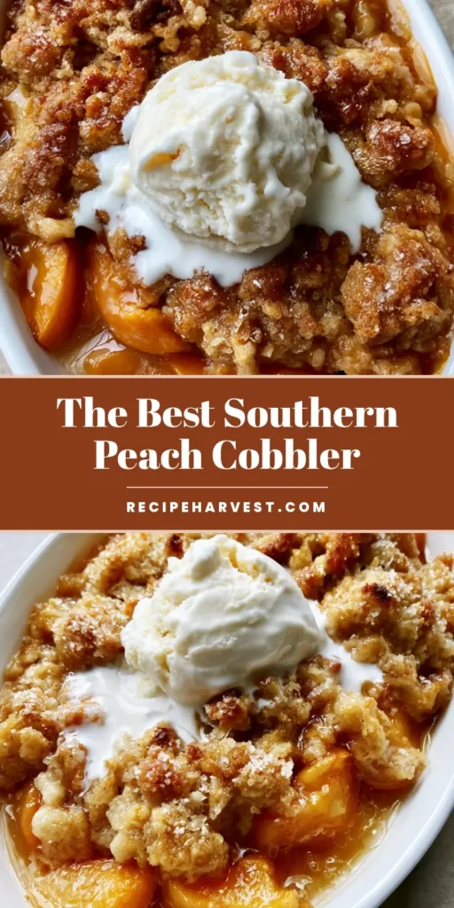 A warm Peach Cobbler Recipe served in a white dish with a melting scoop of vanilla ice cream. (Peach Cobbler Recipe)