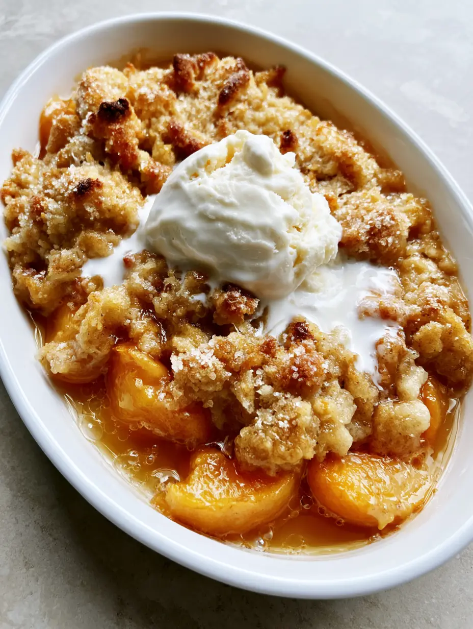 Close-up of bubbling amber syrup and softened orange peaches in a Peach Cobbler Recipe.