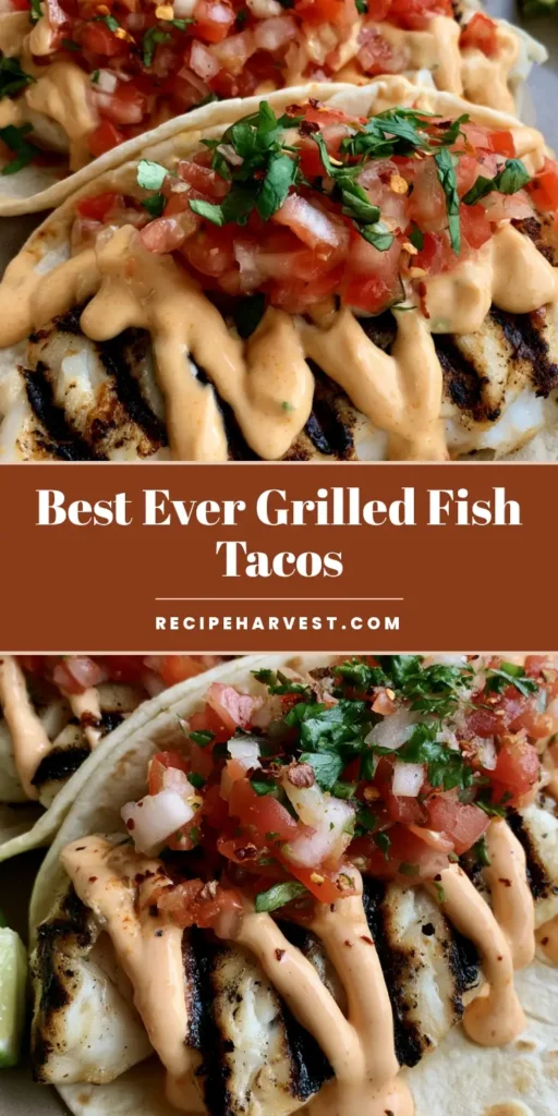 Grilled Fish Tacos with Creamy Spicy Mayo and Fresh Pico de Gallo 3 Close-up of three Grilled Fish Tacos on a ceramic plate with charred fish, spicy mayo drizzle, and lime wedges.