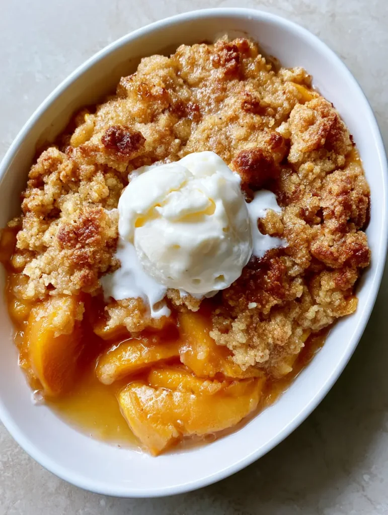 Golden-brown buttery crumble topping with sugar crystals on a Peach Cobbler Recipe.