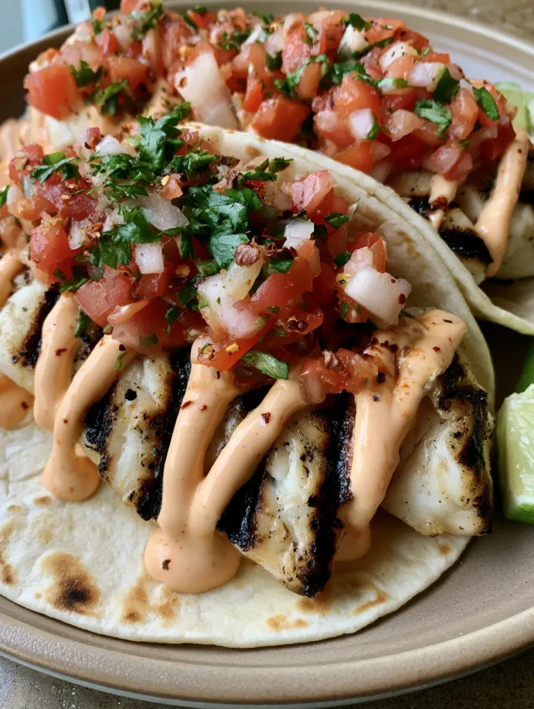 Grilled Fish Tacos with Creamy Spicy Mayo and Fresh Pico de Gallo 1 Detailed view of Grilled Fish Tacos with diced red tomatoes, white onions, and cilantro.