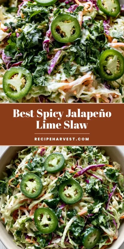 Jalapeño Slaw: The Ultimate Creamy, Crunchy, and Spicy Side Dish 4 A tall Pinterest pin showing a close-up of Jalapeño Slaw with purple cabbage, green cabbage, and jalapeño rounds in a white bowl.