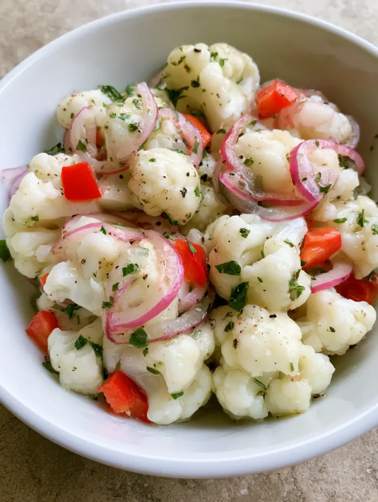 Close-up texture of raw white cauliflower and diced red bell peppers coated in clear herb dressing.