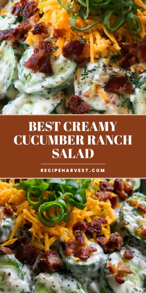 A tall, vertical shot of a Cucumber Ranch Salad in a white bowl, heavily garnished with shredded orange cheddar, crispy bacon bits, and green scallions. (Cucumber Ranch Salad)