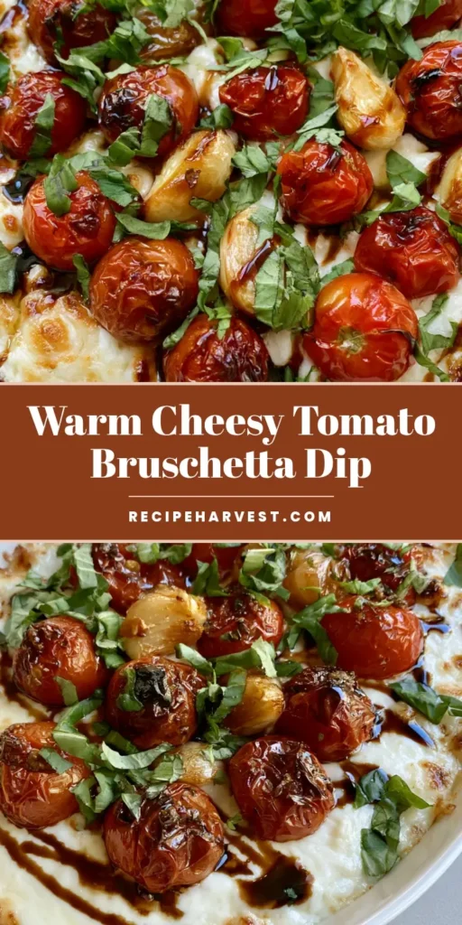 Three-Cheese Tomato Bruschetta Dip: The Ultimate Bubbly Appetizer 4 A shallow white ceramic dish filled with Three-Cheese Tomato Bruschetta Dip featuring blistered tomatoes, roasted garlic, and balsamic drizzle.