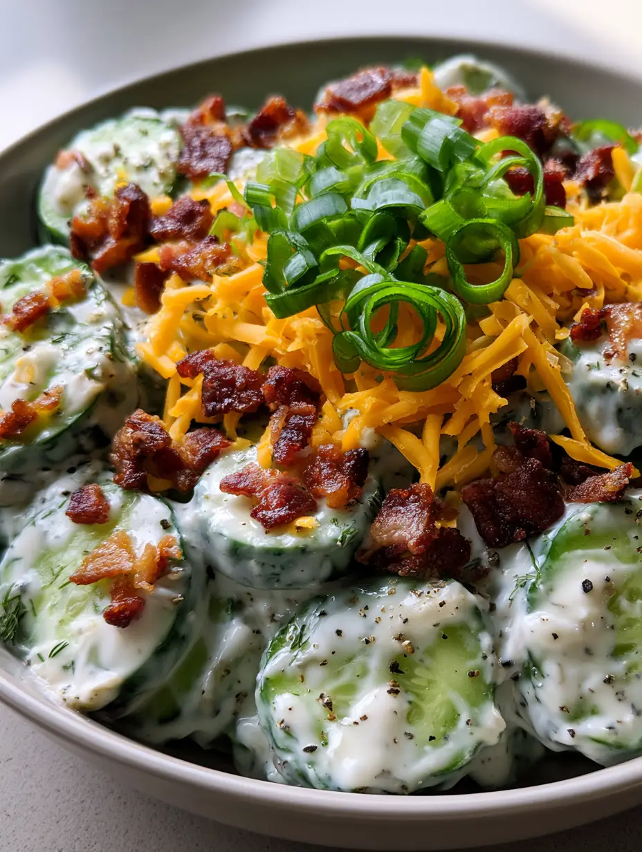 Close-up smartphone photo of Cucumber Ranch Salad showing thick dressing clinging to cucumber rounds and a heavy garnish of bacon and scallions. (Cucumber Ranch Salad)