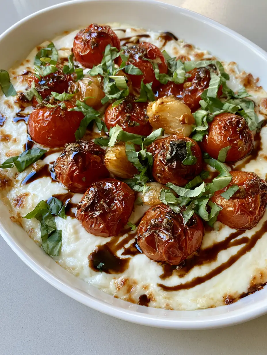 Three-Cheese Tomato Bruschetta Dip: The Ultimate Bubbly Appetizer 3 Overhead shot of bubbling Three-Cheese Tomato Bruschetta Dip showing charred tomato skins and golden garlic.