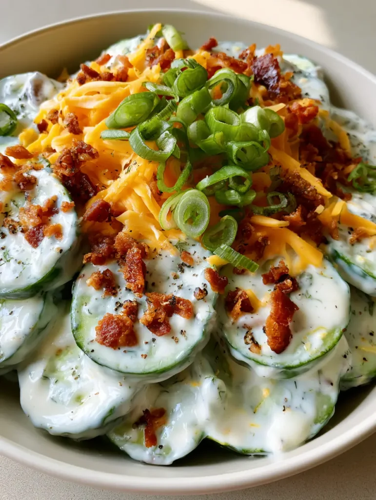 Wide shallow bowl of Cucumber Ranch Salad with vibrant orange cheddar cheese and crispy fried bacon crumbles. (Cucumber Ranch Salad)