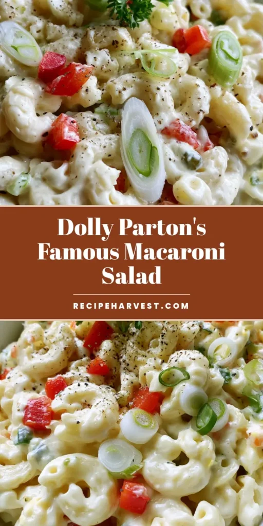 Dolly Parton Macaroni Salad: The Creamiest Southern Potluck Classic 4 A vertical shot of Dolly Parton Macaroni Salad in a white bowl showing creamy dressing, red peppers, and green onions.