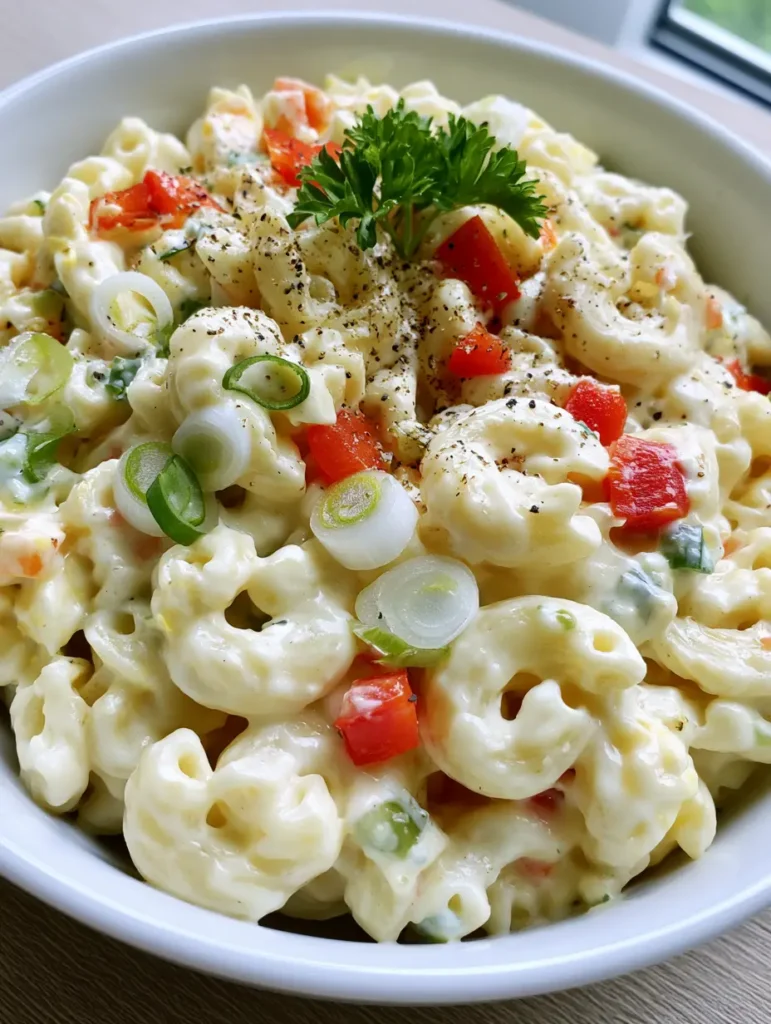 Overhead handheld smartphone photo of Dolly Parton Macaroni Salad with thick glossy dressing and red peppers.