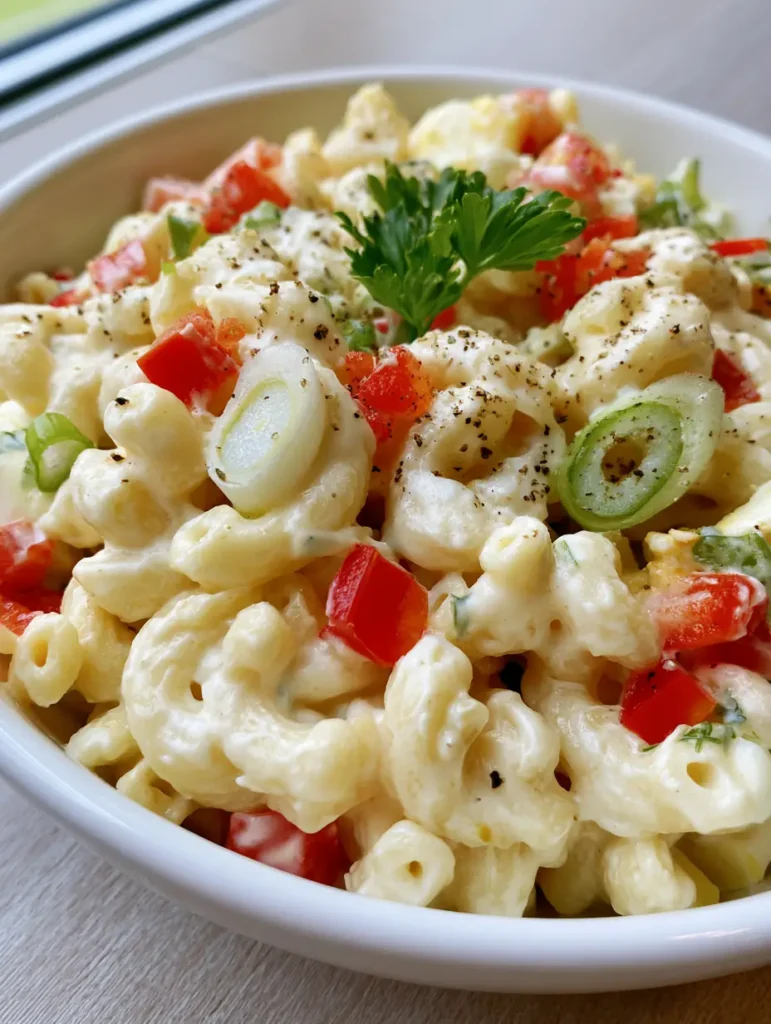 Dolly Parton Macaroni Salad: The Creamiest Southern Potluck Classic 1 Side view of creamy Dolly Parton Macaroni Salad showing hard-boiled egg chunks and fresh parsley garnish.