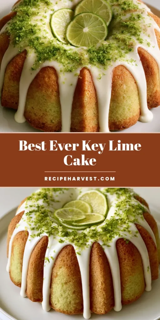 A close-up shot of a Key Lime Bundt Cake on a white ceramic plate, featuring thick white lime glaze drips, green lime zest, and three fresh lime slices.