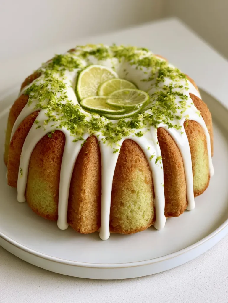 Top view of the Key Lime Bundt Cake showing the fresh green lime zest and thin lime slice garnishes.