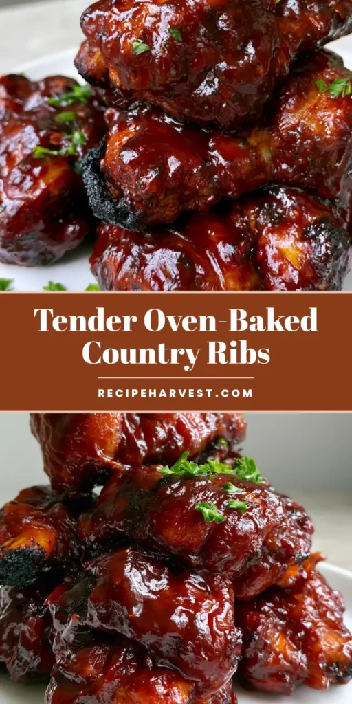 Oven-Baked Country Style Ribs: The Ultimate Sticky and Tender Recipe 4 A stack of thick-cut Oven-Baked Country Style Ribs on a white plate, glistening with sticky BBQ sauce and garnished with fresh parsley.