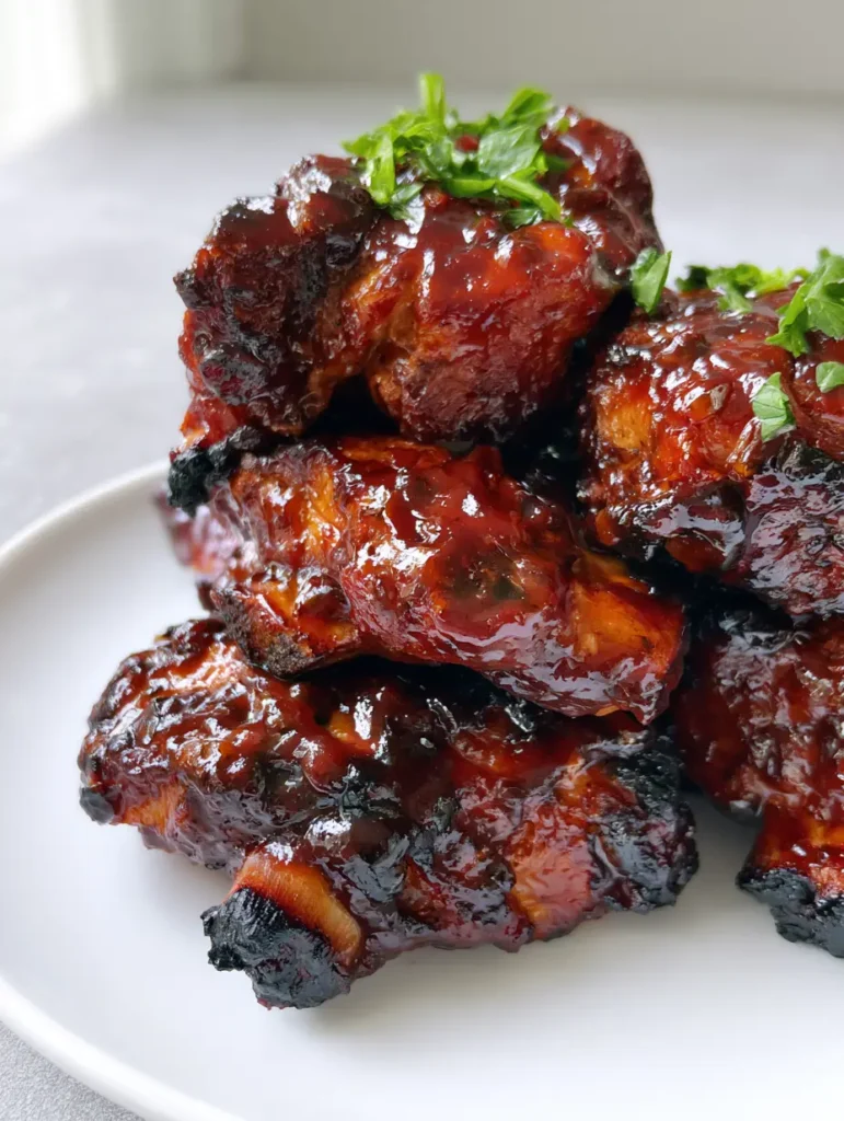 Oven-Baked Country Style Ribs: The Ultimate Sticky and Tender Recipe 1 Tender thick-cut pork country style ribs stacked on a plate with fresh green parsley garnish.