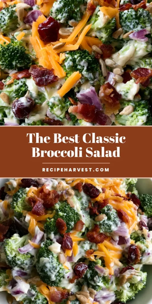 Classic Broccoli Salad: The Ultimate Creamy & Crunchy Potluck Side 3 A vibrant Classic Broccoli Salad in a white bowl showing raw broccoli, bacon bits, cheddar cheese, and creamy dressing on a grey surface.