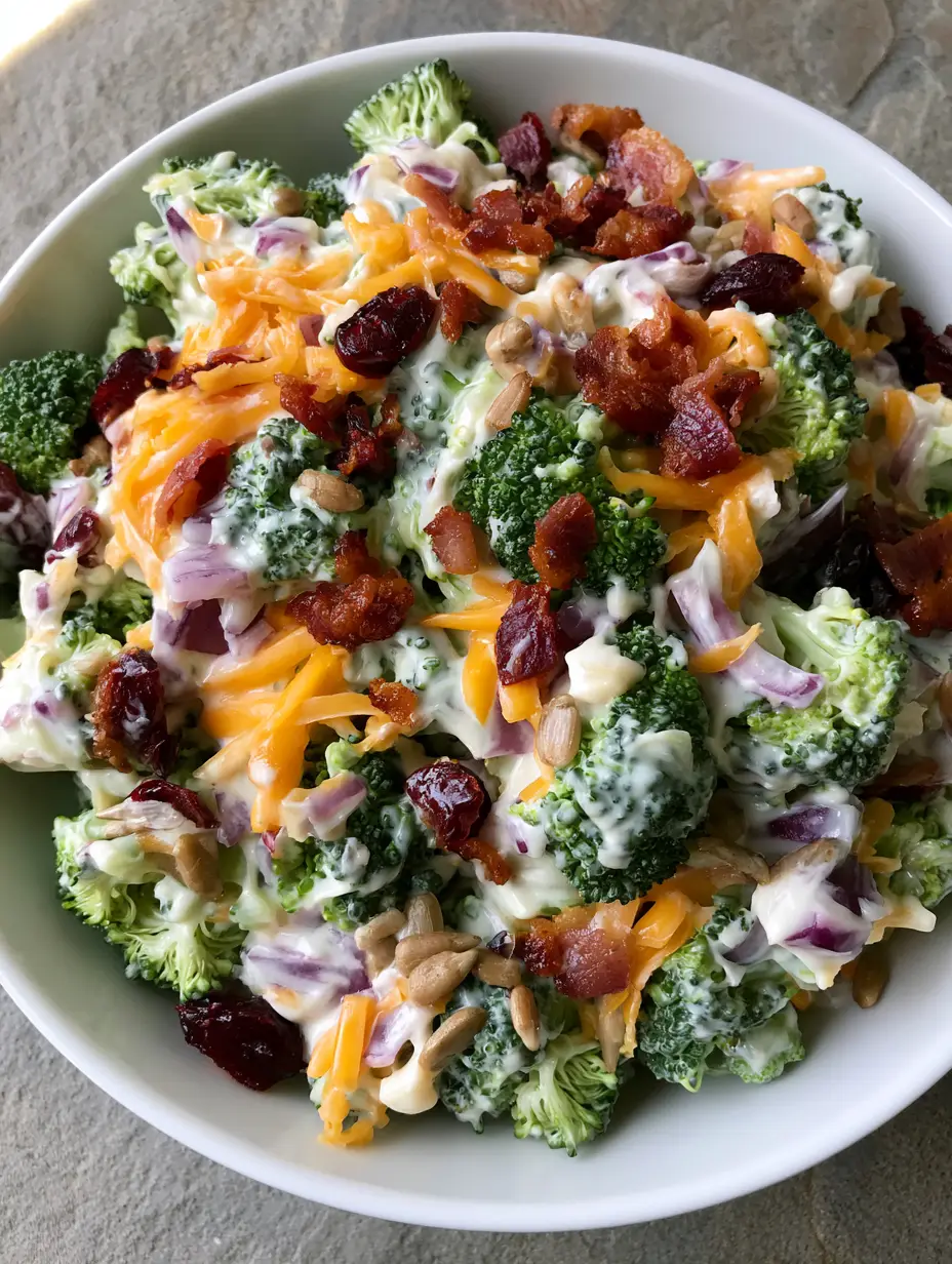 Classic Broccoli Salad: The Ultimate Creamy & Crunchy Potluck Side 4 Close-up of raw broccoli florets mixed with reddish-brown bacon and bright orange cheddar in a Classic Broccoli Salad.