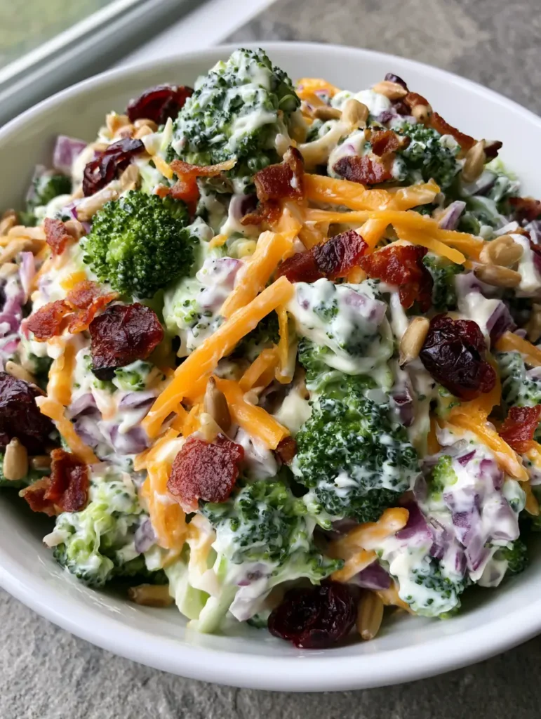 Classic Broccoli Salad: The Ultimate Creamy & Crunchy Potluck Side 1 A simple white ceramic bowl filled with Classic Broccoli Salad featuring sunflower seeds and dried cranberries.