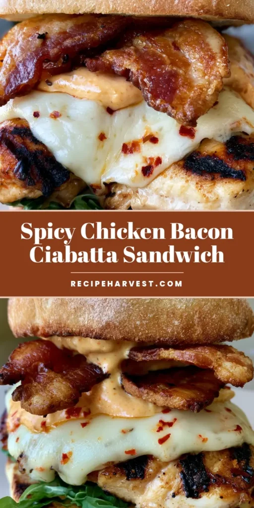 Grilled Chicken Bacon Ciabatta: The Ultimate Restaurant-Style Sandwich 4 A tall Grilled Chicken Bacon Ciabatta sandwich with charred chicken, melted pepper jack, and chipotle mayo on a flour-dusted bun.
