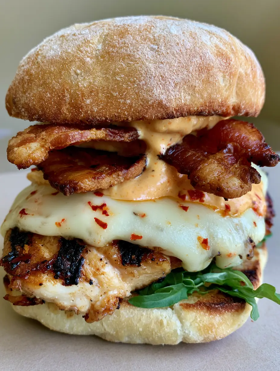 Grilled Chicken Bacon Ciabatta: The Ultimate Restaurant-Style Sandwich 3 Close up of Grilled Chicken Bacon Ciabatta showing dark char marks and melted cheese with pepper flecks.