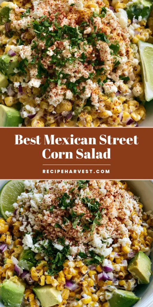 Mexican Street Corn Salad: The Ultimate Creamy, Charred Summer Side Dish 3 A close-up vertical shot of Mexican Street Corn Salad in a white bowl featuring charred corn, avocado cubes, and a heavy layer of cotija cheese.