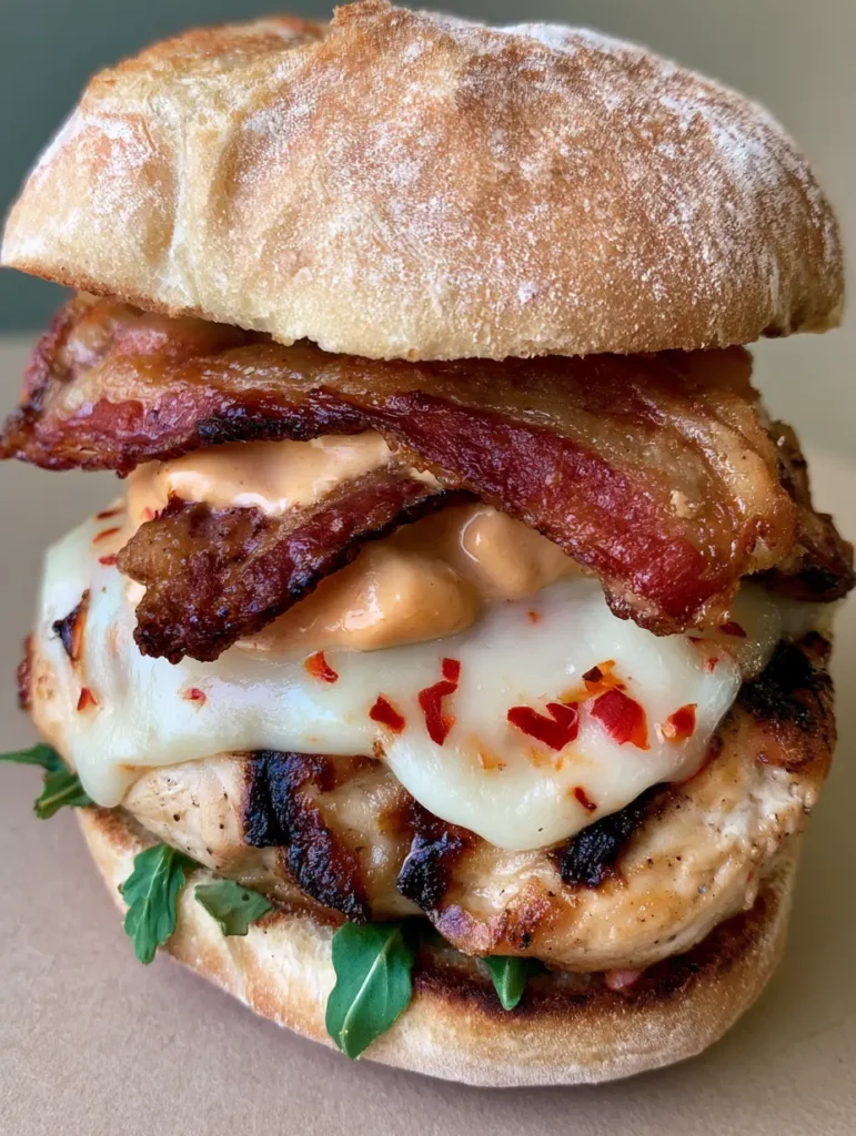 Grilled Chicken Bacon Ciabatta: The Ultimate Restaurant-Style Sandwich 1 Smartphone style photo of a Grilled Chicken Bacon Ciabatta sandwich on a neutral surface.