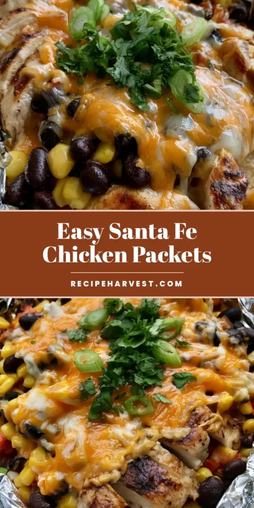 A handheld photo of Santa Fe Chicken Foil Packets showing melted bubbling orange and white cheese over seared chicken, black beans, and corn in a silver foil nest.