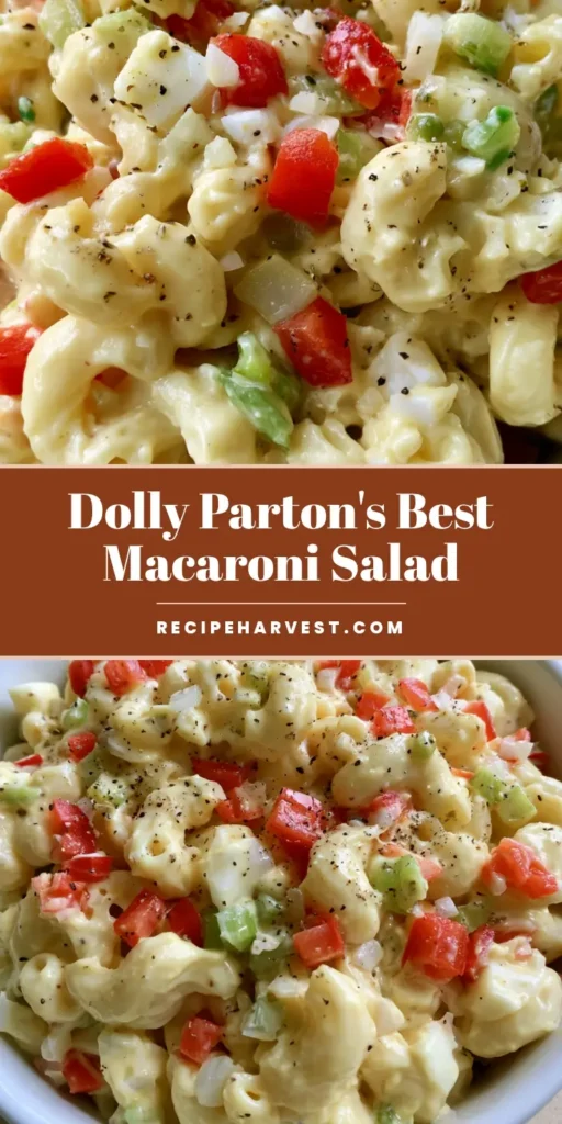 Dolly Parton's Macaroni Salad: The Ultimate Southern Potluck Classic 4 Dolly Parton's Macaroni Salad in a white bowl showing the creamy pale-yellow dressing, red peppers, and egg chunks.