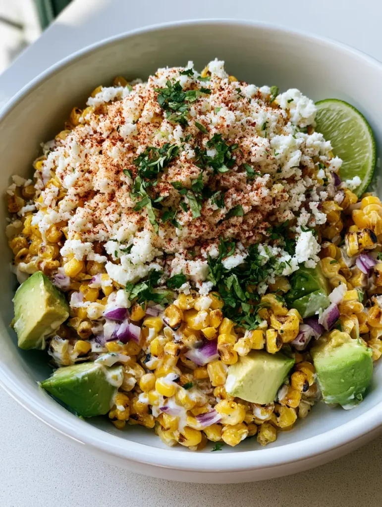 Mexican Street Corn Salad: The Ultimate Creamy, Charred Summer Side Dish 2 A large white ceramic bowl filled with charred golden-yellow sweet corn kernels mixed with avocado and red onion (Mexican Street Corn Salad).
