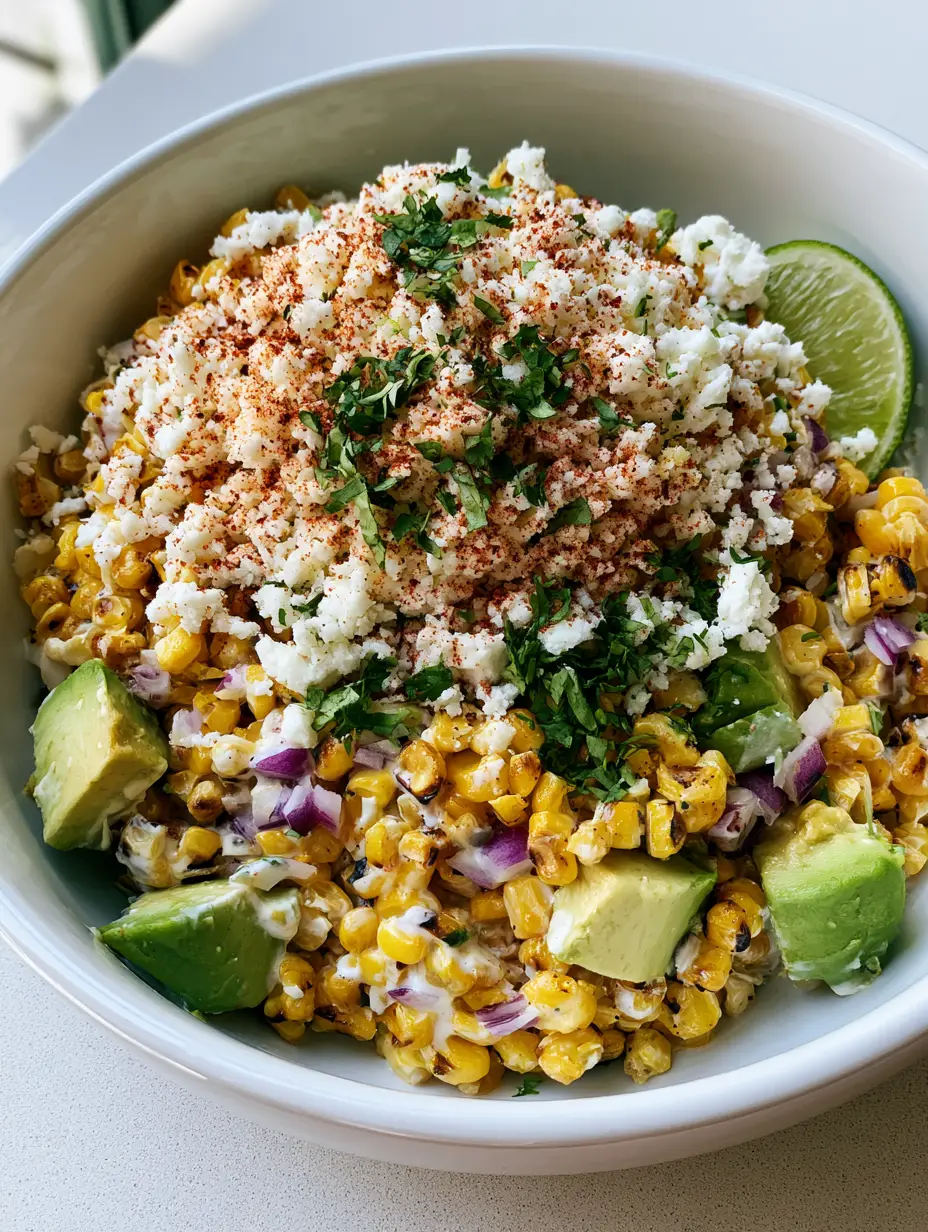 Mexican Street Corn Salad: The Ultimate Creamy, Charred Summer Side Dish 4 A large white ceramic bowl filled with charred golden-yellow sweet corn kernels mixed with avocado and red onion (Mexican Street Corn Salad).