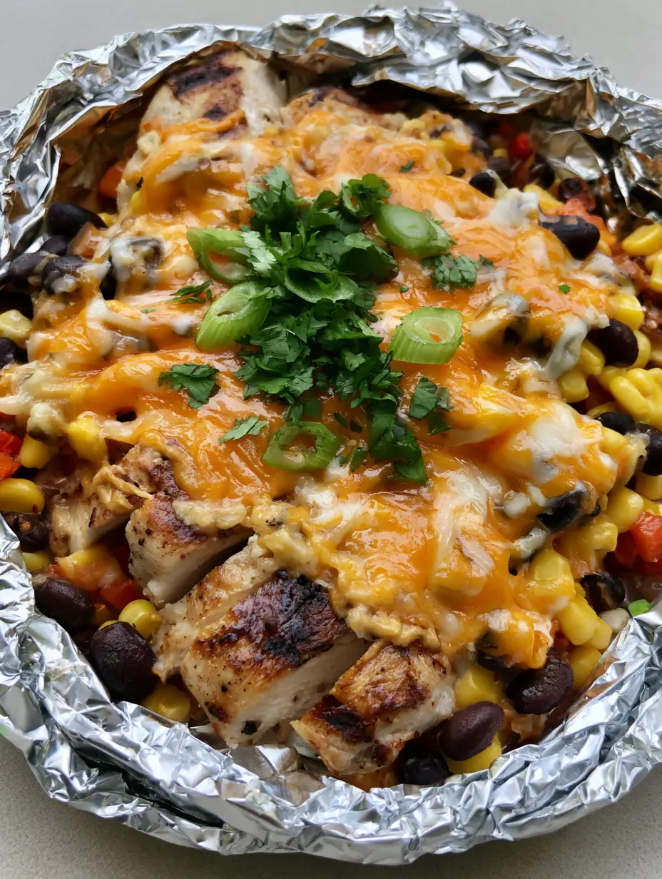 Close up of Santa Fe Chicken Foil Packets with visible grill marks on chicken, bright red peppers, and fresh cilantro garnish.