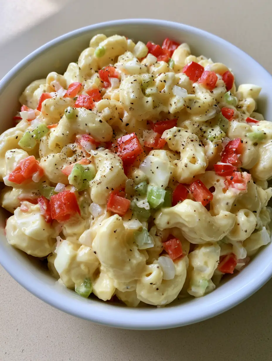 Dolly Parton's Macaroni Salad: The Ultimate Southern Potluck Classic 3 A handheld smartphone photo of Dolly Parton's Macaroni Salad in a white ceramic bowl with visible black pepper and relish.