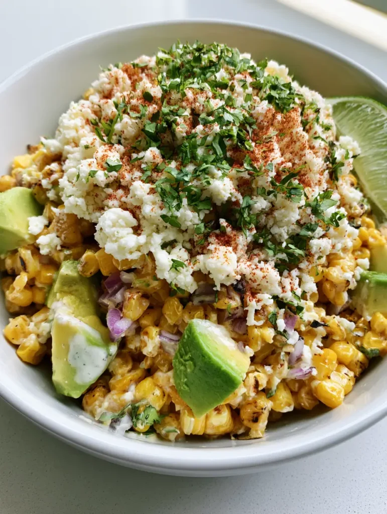 Mexican Street Corn Salad: The Ultimate Creamy, Charred Summer Side Dish 1 A top-down view of Mexican Street Corn Salad showing the creamy lime dressing, cotija cheese, and cilantro flakes.