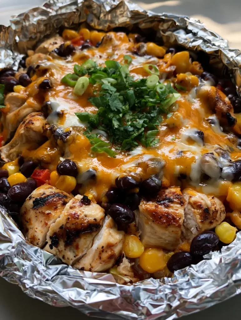Santa Fe Chicken Foil Packets served in a crumpled foil nest on a neutral background with green onion garnish.