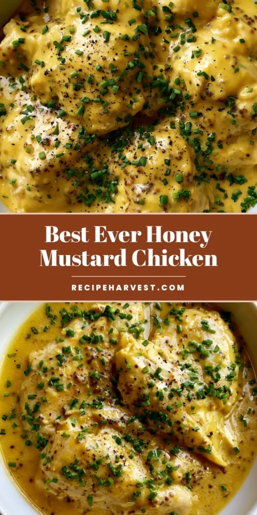 A close-up vertical shot of Slow Cooker Honey Mustard Chicken with tender chicken pieces in a glossy golden sauce, garnished with chives.